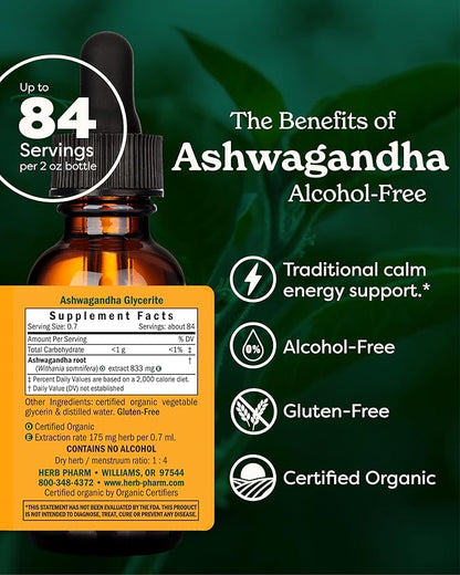 Herb Pharm Certified Organic Ashwagandha Extract Drops for Traditional Support for Energy and Vitality, Alcohol-Free Glycerite, 2 Oz