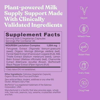 Eu Natural Nourish Lactation Supplement - Postpartum Support for Healthy Milk Flow & Production - Fenugreek Capsules for Women with Milk Thistle, Fennel Seed & Organic Moringa, 60 Vegan Soft Capsules