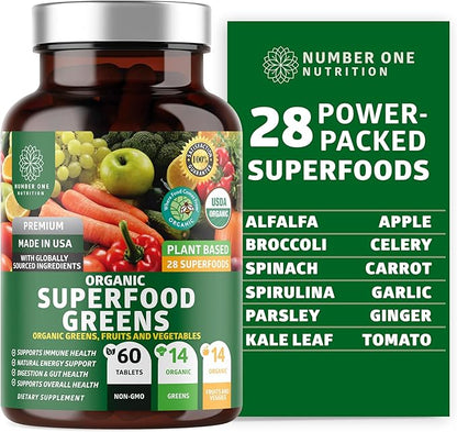Certified Organic Superfood Greens [28 Powerful Ingredients] Natural Super Greens Capsules, Fruit and Veggie Supplement with Alfalfa, Beet Root and Ginger to Support Energy and Immunity, 60 Tablets