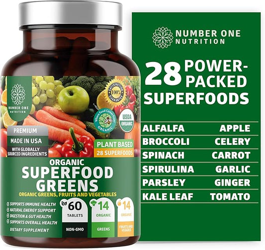 Certified Organic Superfood Greens [28 Powerful Ingredients] Natural Super Greens Capsules, Fruit and Veggie Supplement with Alfalfa, Beet Root and Ginger to Support Energy and Immunity, 60 Tablets