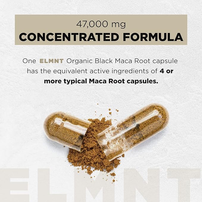 ELMNT 40,000mg 40x Strength Organic Black Maca Root + Ashwagandha - #1 Highest Potency Black Maca Root Capsules for Men Supplement 100% Pure Maca Peruana 40:1 Extract Maca Powder Pills Male Booster