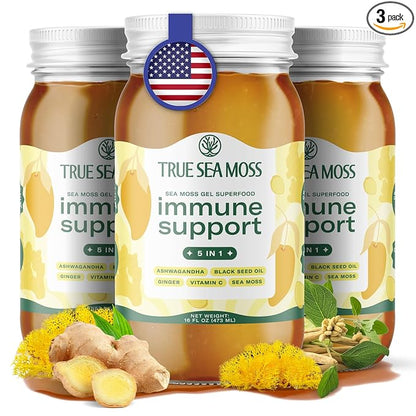 TrueSeaMoss Wildcrafted Irish Sea Moss Gel with Ashwagandha- Made with Seamoss - Vegan-Friendly - Supports Health, Made in USA from Fresh Sea Vegetables (5 in 1, Pack of 3)