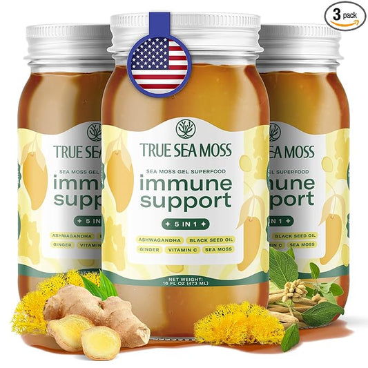 TrueSeaMoss Wildcrafted Irish Sea Moss Gel with Ashwagandha- Made with Seamoss - Vegan-Friendly - Supports Health, Made in USA from Fresh Sea Vegetables (5 in 1, Pack of 3)