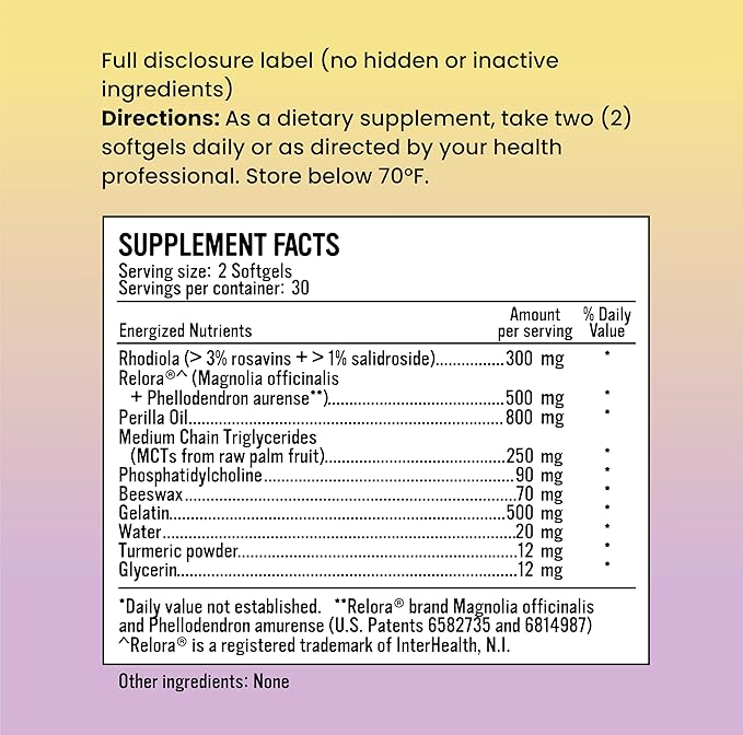 Adaptogenic Adrenal Balance - Including apadptogens: Rhodiola, Relora, Perilla, Phosphatidylcholine - Adrenal Support Supplements