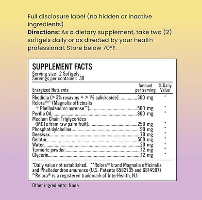 Adaptogenic Adrenal Balance - Including apadptogens: Rhodiola, Relora, Perilla, Phosphatidylcholine - Adrenal Support Supplements