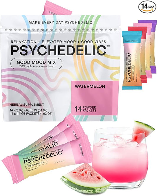 Good Mood Mix - Watermelon - Powder Packets - Calming Kava Drink Mix - Easy Open Single-Serving - Flavored Kava Powder - Mucuna Pruriens - Stevia - Non Alcoholic Adaptogen Mocktails - 14 Stick