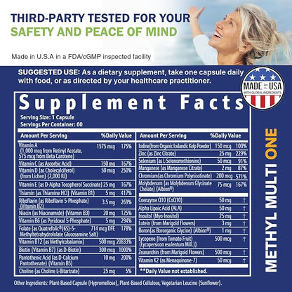 Power By Naturals Methyl Multi One - Iron-Free Methylated Multivitamin with Quatrefolic 5-MTHF, Active B12, P5P, CoQ10 & Zinc for MTHFR Support - Energy & Focus Formula - 60 Capsules (2-Month Supply)