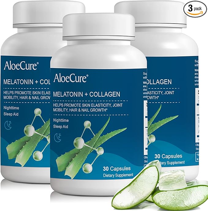 AloeCure Natural Melatonin + Collagen with Organic Aloe Vera - Natural Sleep Aid Supplement for Restful Nights - Collagen Complex for Joint Strength, Skin Elasticity, Hair & Nail Growth, 30 Capsules