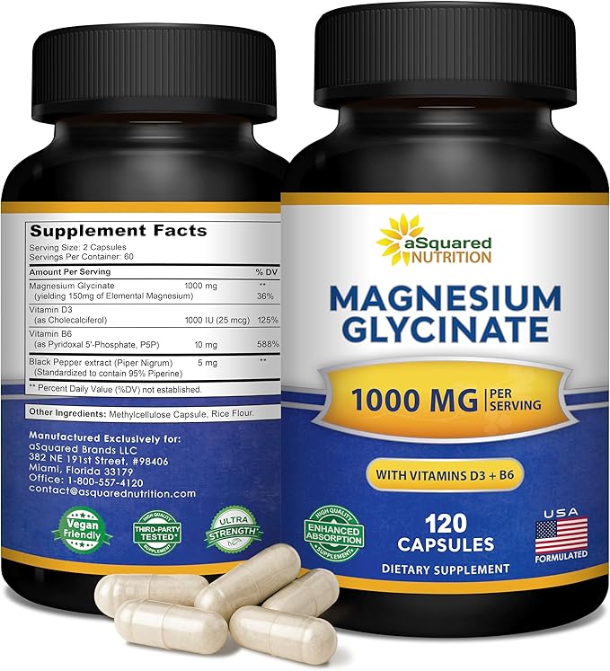 Magnesium Glycinate 1000mg with Vitamin D3 & B6-500mg per Capsule - Pure Elemental Mag Supplement Complex for Sleep, Muscle, Bone Health - Replace Gummies, Tablets & Powder - 120 Capsules
