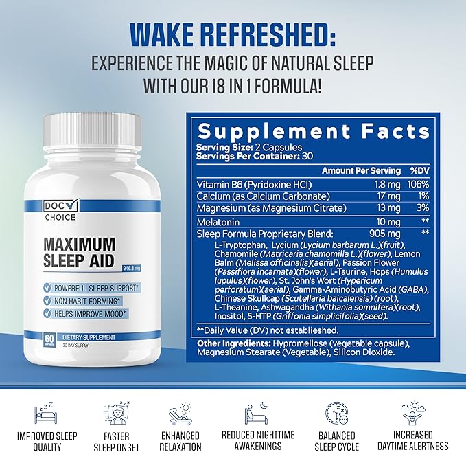 Maximum Sleep Aid | Highly Dosed Non-Habit Forming Sleep Aid for Adults | Mood, Sleep, Restfulness Support | 18 Research Backed Ingredients | Melatonin, Magnesium, GABA, Ashwagandha & More - 60 Caps