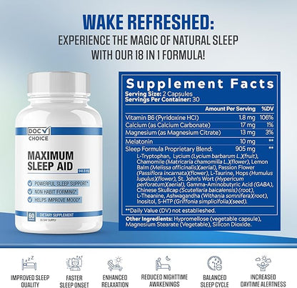 Maximum Sleep Aid | Highly Dosed Non-Habit Forming Sleep Aid for Adults | Mood, Sleep, Restfulness Support | 18 Research Backed Ingredients | Melatonin, Magnesium, GABA, Ashwagandha & More - 60 Caps