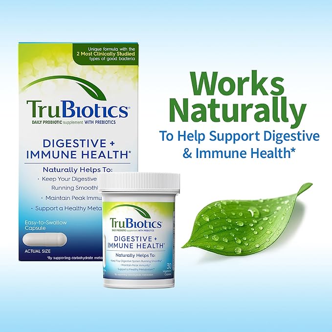 TruBiotics Probiotics for Digestive & Immune Health, Supports Regularity & Helps Relieve Abdominal Discomfort, Gas & Bloating, 2 Clinically Studied Probiotic Strains, Plus Prebiotics, 30 Capsules