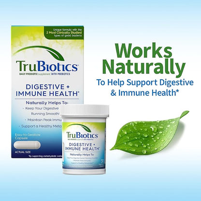 TruBiotics Probiotics for Digestive & Immune Health, Supports Regularity & Helps Relieve Abdominal Discomfort, Gas & Bloating, 2 Clinically Studied Probiotic Strains, Plus Prebiotics, 30 Capsules