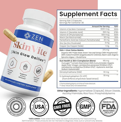 Zen Nutrients SkinVite Natural Skin Supplement for Women, Men & Teens - Hormonal Breakouts & Clear Skin Support Supplement - Detoxifying Vitamin for Acne and Digestion Support