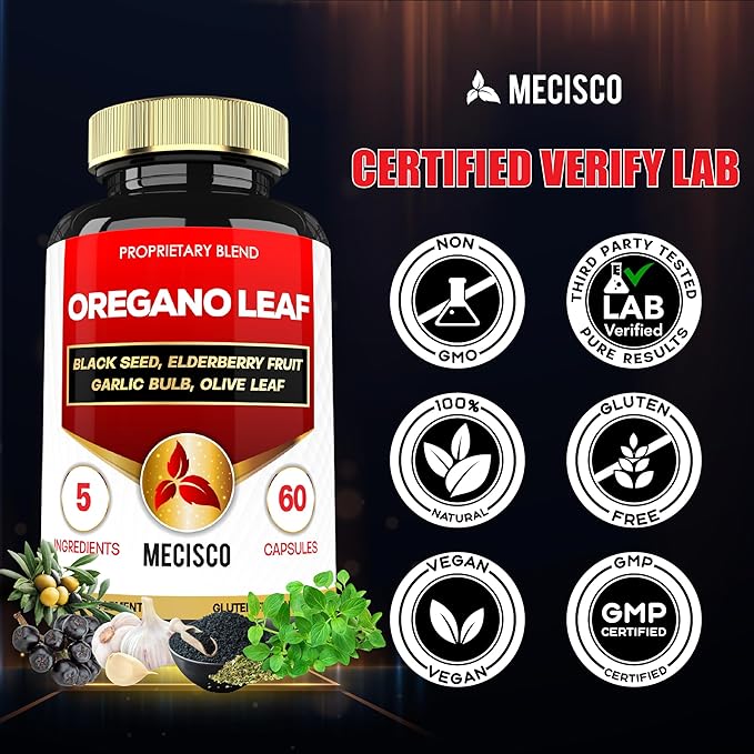 5in1 Oregano Capsules with Oregano Leaves and Black Seed, Elderberry, Garlic Bulb, and Olive - Support Immune & Digestive Health for Men and Women - 60 Count for 2 Months Supply