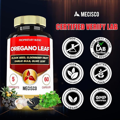 5in1 Oregano Capsules with Oregano Leaves and Black Seed, Elderberry, Garlic Bulb, and Olive - Support Immune & Digestive Health for Men and Women - 60 Count for 2 Months Supply