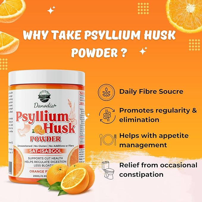 Danodia Foods Organic Psyllium Husk Powder Mild Orange Flavor, 200g (8.8oz) | Sat-Isabgol with 5 Added Herbs | Unsweetened, Gluten-Free, Natural Fiber Supplement for Digestive Health