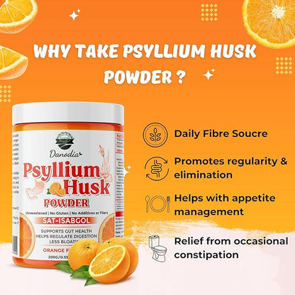 Danodia Foods Organic Psyllium Husk Powder Mild Orange Flavor, 200g (8.8oz) | Sat-Isabgol with 5 Added Herbs | Unsweetened, Gluten-Free, Natural Fiber Supplement for Digestive Health