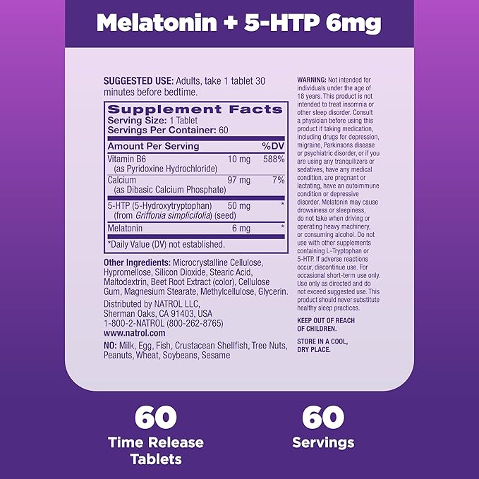Natrol Advanced Sleep Melatonin + 5HTP, 6mg, Calming Sleep Aid for Restful Sleep, 60 Time-Release Tablets, 60-Day Supply (Pack of 12)