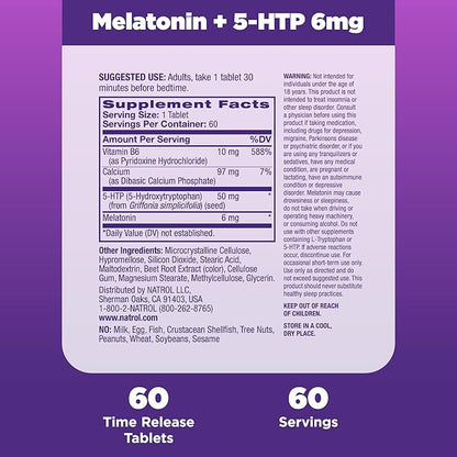Natrol Advanced Sleep Melatonin + 5HTP, 6mg, Calming Sleep Aid for Restful Sleep, 60 Time-Release Tablets, 60-Day Supply (Pack of 12)
