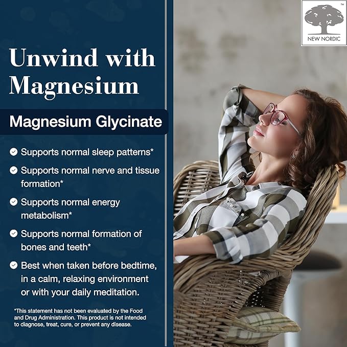 New Nordic Magnesium Glycinate, 220 mg Maximum Absorption Tablets with Pine Bark & Long Pepper, Gentle on Stomach for Women & Men, 30 Servings