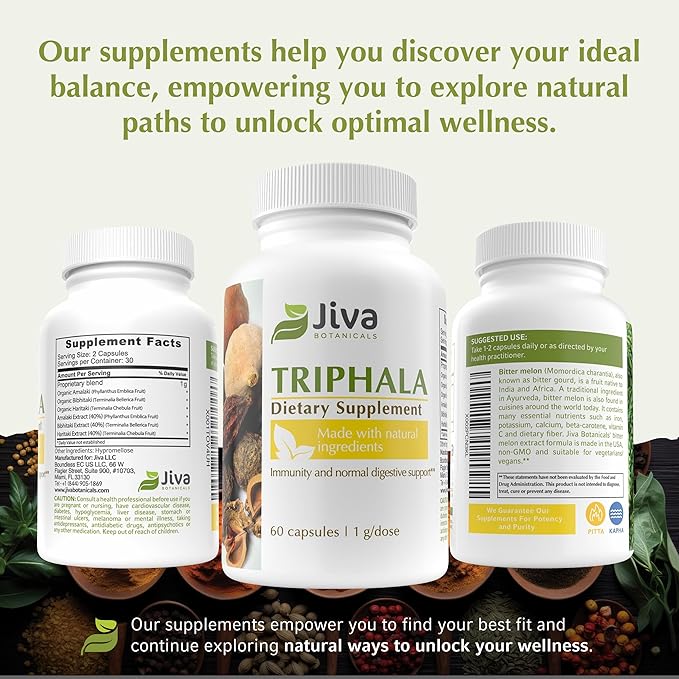 Jiva Botanicals Triphala Supplement - Triphala Capsules Made with Amalaki, Bibhitaki and Haritaki Powder for Normal Digestive Health & Normal Immune System - 60 Capsules