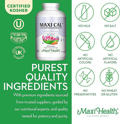 Maxi Health Calcium 1000 mg Supplement with Vitamin D3 (1000 IU) and Magnesium (500 mg) - Bone, Teeth and Joint Support for Men and Women - 360 Capsules - Maxi Cal
