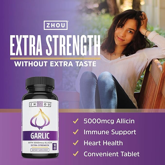 Zhou Garlic with Allicin - Garlic Supplements, Odorless Garlic Extract Pills for Men & Women, 5000 mcg Allicin Per Tablet for Immune & Heart Health - 90 Coated Tablets (Pack of 1)