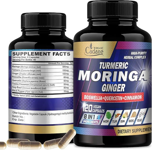 Organic Cadane Moringa Capsules with Turmeric, Boswellia, Quercetin, Ceylon Cinnamon, Holy Basil, Ginger, and Black Pepper - 8in1 Supplements - 120 Veggie Caps for 2 Months Supply