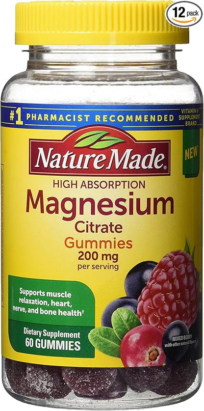 Nature Made High Absorption Magnesium Citrate 200mg Gummies, 60 Count, Mixed Berry, 60 Count (Pack of 12)