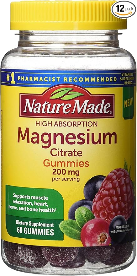 Nature Made High Absorption Magnesium Citrate 200mg Gummies, 60 Count, Mixed Berry, 60 Count (Pack of 12)