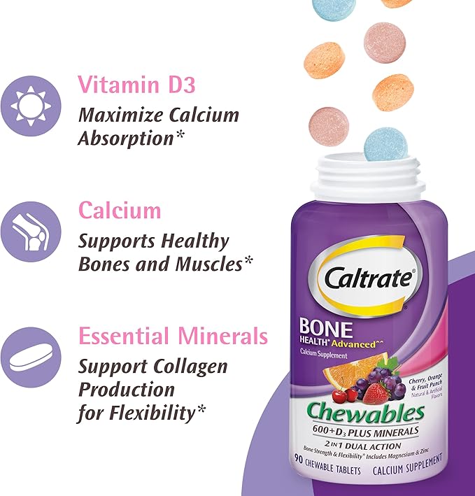 Caltrate Chewables 600 Plus D3 Plus Minerals Calcium Vitamin D Supplement, Cherry, Orange and Fruit Punch - 60 Count