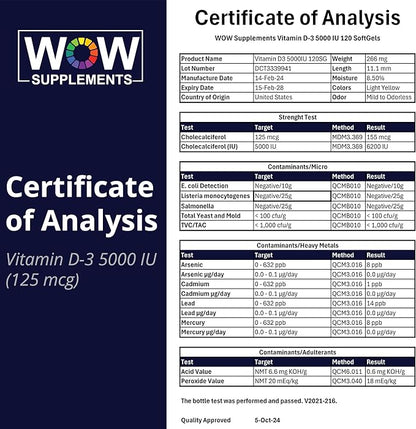 WOW Supplements Vitamin D3 5000 IU Softgels, 125 mcg - Vitamin D3 5000IU Supplement for Strong Bones and Immune Support - Non-GMO, Gluten Free Vitamin D 5000 IU - VIT D3 5000 IU Softgels - 120 Count