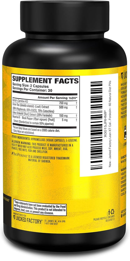 Jacked Factory Lean-XT Caffeine Free Fat Burner - Non Stim Weight Loss Supplement, Appetite Suppressant & Metabolism Booster | Acetyl L-Carnitine, Green Tea Extract, Forskolin - 60 Natural Diet Pills