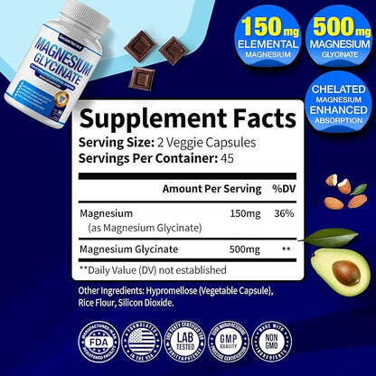 Magnesium Glycinate 500mg Magnesium Supplement - Chelated for High Absorption & Bioavailability Support Sleep, Muscle, Bones, Cramps, Recovery & Energy, Vegan Non-GMO 90 Capsules