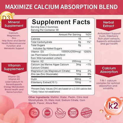 Vitamin D3 10000 IU + K2 (MK7) 200mcg w/Calcium Magnesium Zinc Elderberry & Inulin-Highly Bioavailable-Enhanced Absorption for Immune & Bone Support- K2 D3 Vitamin Supplement-Vegan Gummies