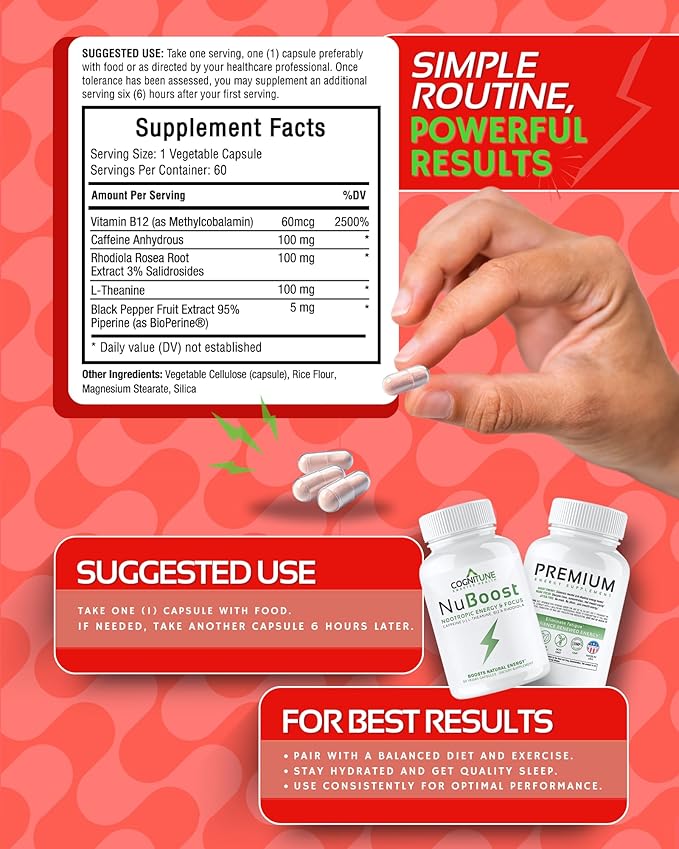 CogniTune NuBoost Energy & Focus Brain Supplement, Caffeine L-Theanine, Vitamin B12, Rhodiola + BioPerine, No Crash, Jitter Free 100mg Caffeine Pills, Clean Nootropic Brain Booster, 60 Ct