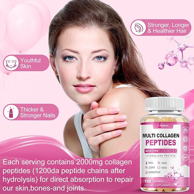 Hydrolyzed Collagen for Women Multi Collagen Peptides Complex Softgels 2000mg Collagen Supplement Type I II III V X with Hyaluronic Acid Biotin Vitamin C - Support Skin Hair Nail Health | 240 Count
