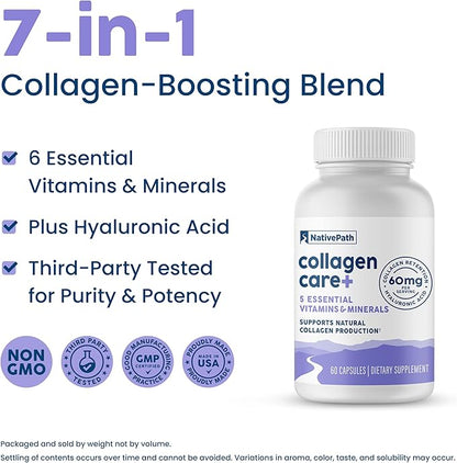 NativePath Collagen Care+, 5 Vitamin Blend with Hyaluronic Acid and Boron That Supports Collagen for Men and Women, 60 Capsules