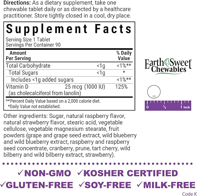 Bluebonnet Nutrition EarthSweet Vitamin D3 1000IU - Bone & Immune Support Supplement - Raspberry Chewable Vitamin D Supplement for Women & Men - Soy-Free, Gluten-Free, Non-GMO - 90 Tablets