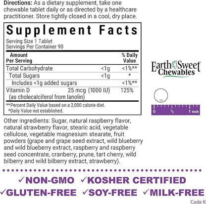 Bluebonnet Nutrition EarthSweet Vitamin D3 1000IU - Bone & Immune Support Supplement - Raspberry Chewable Vitamin D Supplement for Women & Men - Soy-Free, Gluten-Free, Non-GMO - 90 Tablets