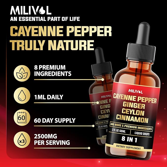8in1 Cayenne Pepper Liquid Drops with Ginger, Ceylon Cinnamon and 5 More Herbals - Digestion, Circulatory Heath Support - 2 Fl Oz for 2 Months