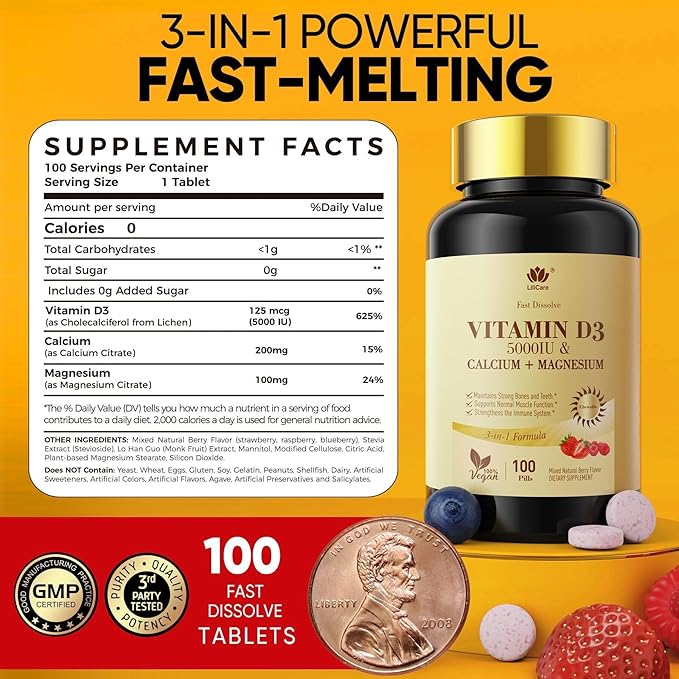 Fast Dissolve Vitamin D3 5000IU with Calcium & Magnesium - for Quick Nutrient Absorption-Sugar Free Chewable Supplement for Bones Strength, Teeth, Muscle, Immune Health,200 Fast Melt Tablets