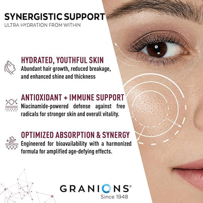 Hyaluronic Acid Complex Hydrating Skin Supplement – Marine Collagen Peptides, Ceramides, Vitamin B3 Niacinamide, Hyaluronic Acid Supplements for Women and Men – 60 Foil Sealed Tablets
