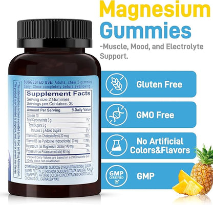 Potassium Magnesium Gummies, Magnesium Citrate & Potassium Citrate Supplements with Vitamin D3, B6 for Electrolyte Balance, Muscle, Leg Cramps, GMO Free Gluten Free (Pineapple,60 Count)