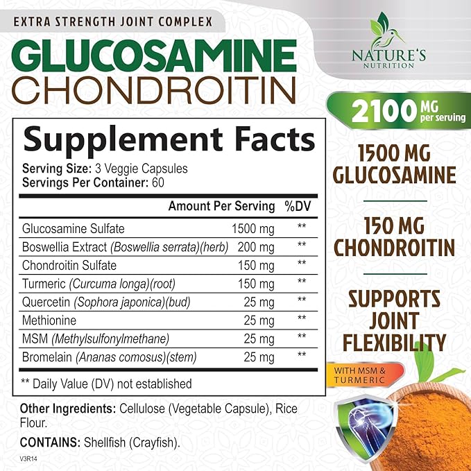 Glucosamine Chondroitin MSM 2100mg Complex - Joint Support Supplement Turmeric & Boswellia, Triple Strength Glucosamine Capsules - Support for Joint Mobility with Quercetin Bromelain - 180 Capsules
