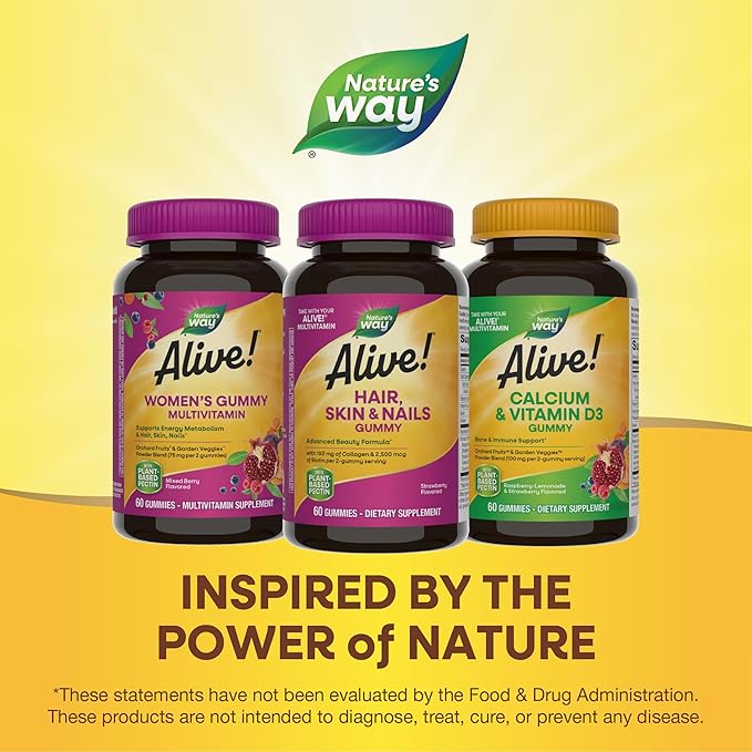 Nature's Way Alive! Hair, Skin & Nails Gummies, Advanced Beauty Formula*, with Biotin and Collagen, Strawberry Flavored, 60 Gummies (Packaging May Vary)