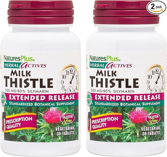 Natures Plus Herbal Actives Milk Thistle, Extended Release - 30 Tablets, Pack of 2 - Vegetarian, Gluten Free - 60 Total Servings