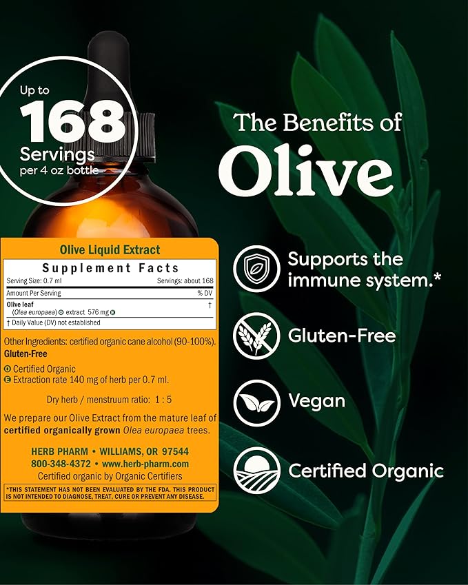 Herb Pharm Certified Organic Olive Leaf Liquid Extract for Immune System Support, 4 Fl Oz