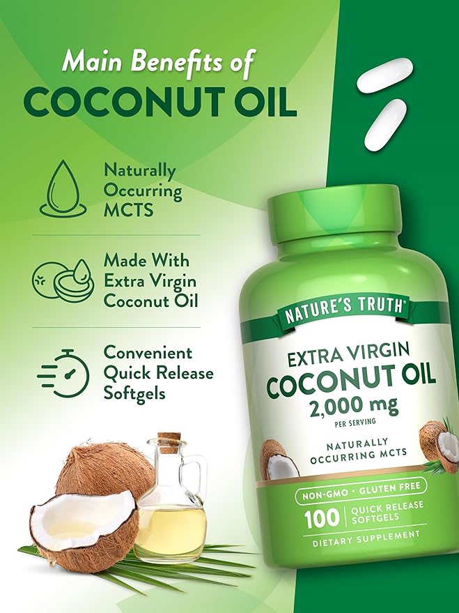 Nature's Truth Coconut Oil Supplement | 100 Softgels | Naturally Occurring MCTs | Non-GMO & Gluten Free